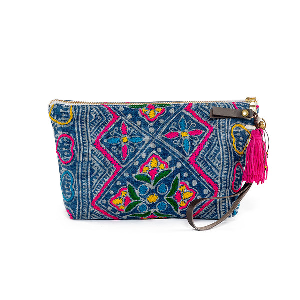 Viet Batik Pouch Flowers and Hearts Indigo/Pink