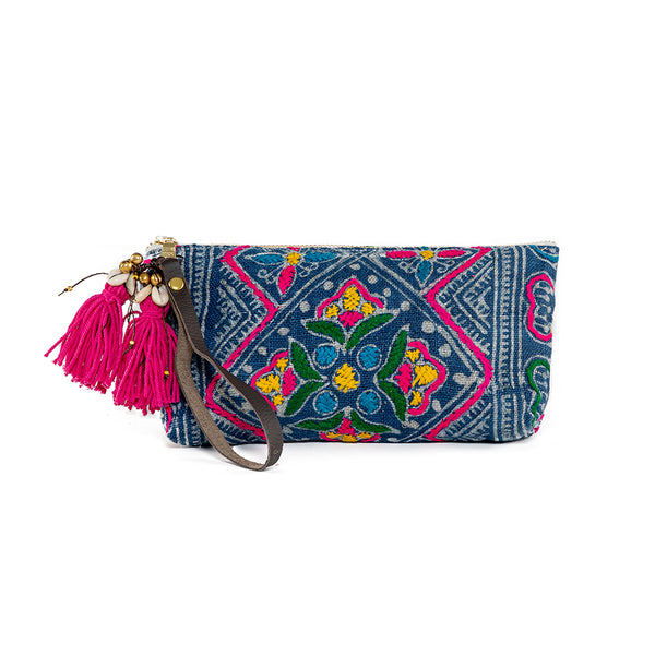 Viet Batik Hearts Puka Tassel Wristlet Indigo/Pink