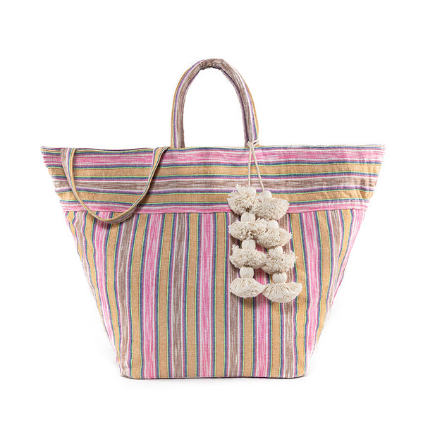 Samui Stripe Organic Tassel Beach Bag Sand/Pink - Pre Order for December