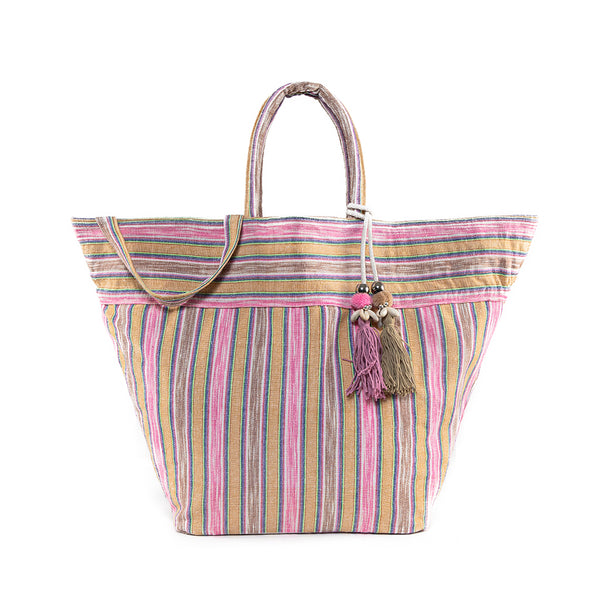 Samui Stripe Puka Tassel Beach Bag Sand/Pink - Pre Order for December