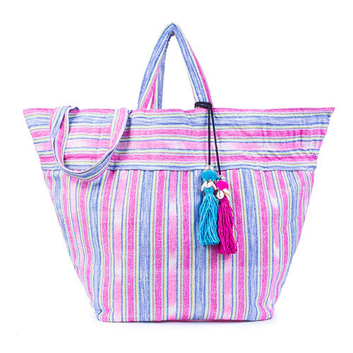 Samui Stripe Puka Tassel Beach Bag Pink/Blue