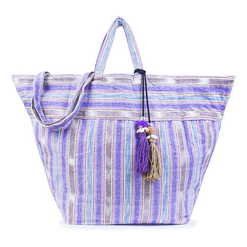Samui Stripe Puka Tassel Beach Bag Purple