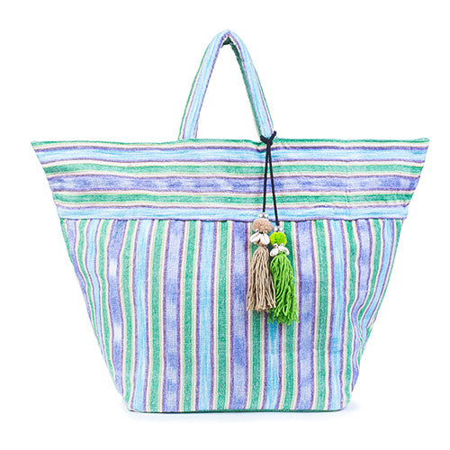 Samui Stripe Puka Tassel Beach Bag Green - Pre Order for April Delivery